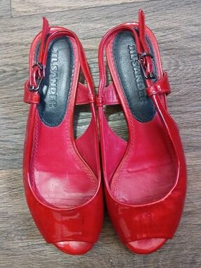 Jil Sander Red Patent Leather Slingback Peep-toe Wedge Heel Shoe.